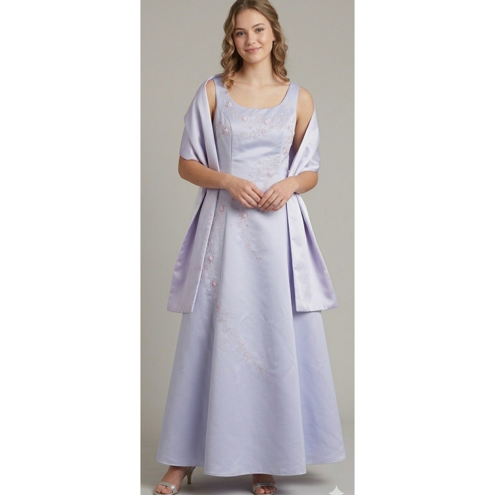 VTG 90s Formal Prom Gown Size Large Lavender Lilac Dress Embroidered Beaded